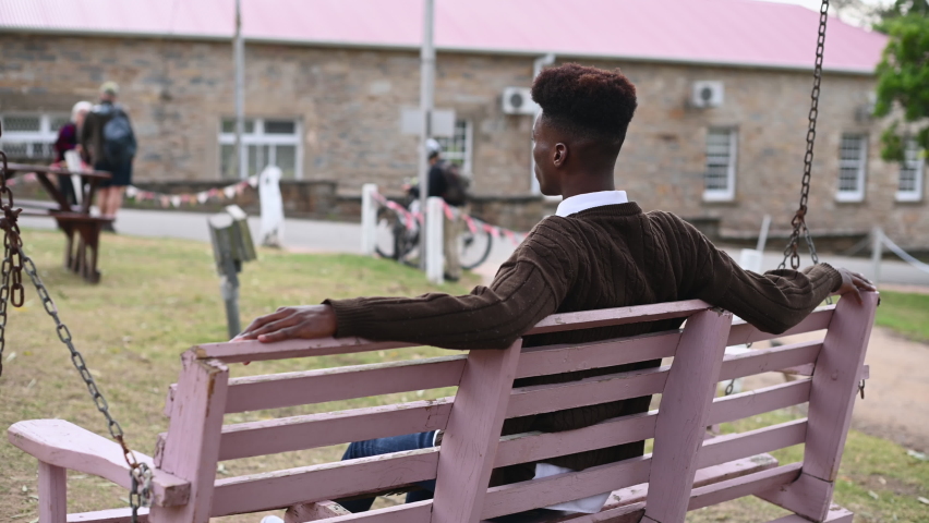 Rear view of young man sitting on swing
