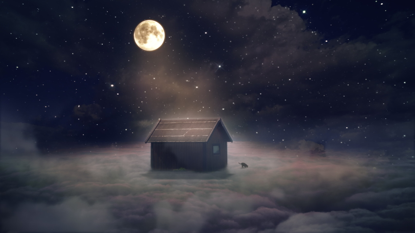Moonlight House Floating Clouds In Starry Space. Small wooden house floating on clouds under moonlight in starry space, zoom in. Motion background Royalty-Free Stock Footage #1091770421