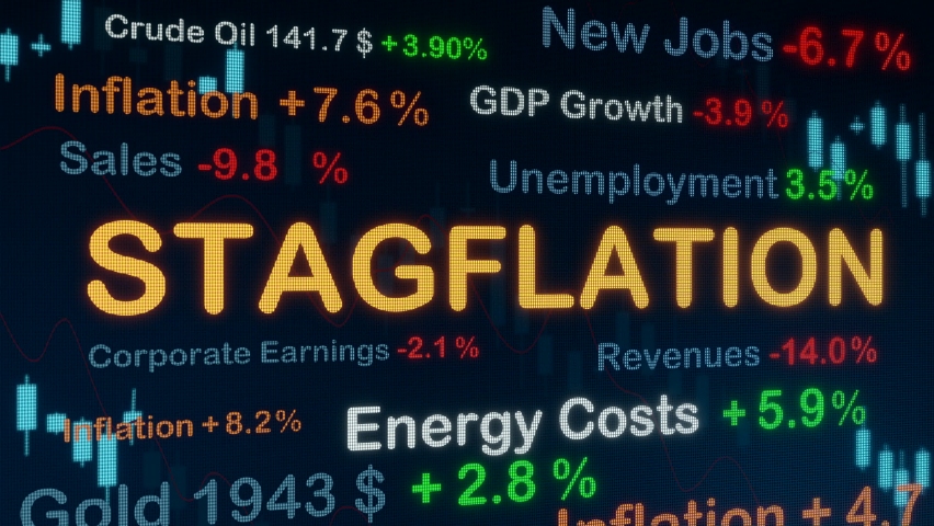 Stagflation, era economic depression. Rising high inflation, weak economy, corporate earnings drops, rising energy prices and increased unemployment rate lead into a stagflation scenario. 3D animation | Shutterstock HD Video #1091772539