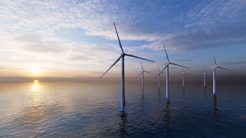 Wind power plant towers in sea. Energy Windwill in dusk ocean at sunset with beautiful golden horizon. Windenergy farm with many turbine windwill generating alternative energy. Royalty-Free Stock Footage #1091773095