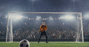 Soccer goalkeeper jumps and catches ball on a professional soccer stadium. Stadium and crowd is made in 3D and animated