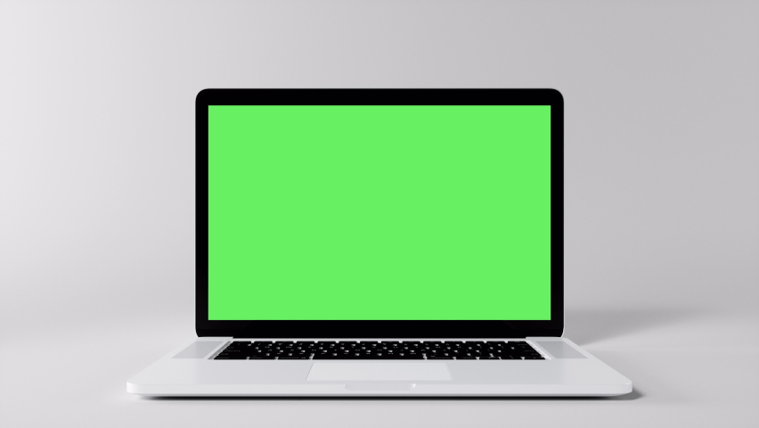 Green Screen Display Laptop Opens and Zoom In on a White Background. Empty Green Mock-up Monitor for Video Call, Website Template Presentation or Game Applications. Blank Screen Monitor 3D render Royalty-Free Stock Footage #1091775615