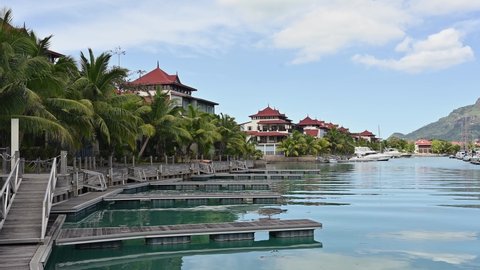 Amazing morning view of luxury Eden Island Marina on the coast of Mahe Seychelles capital of Victoria