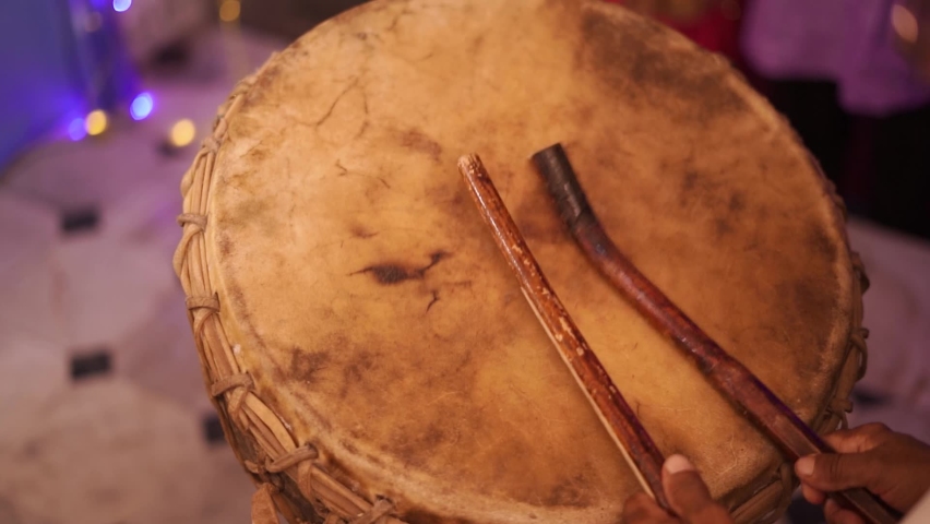 Dholak, Dhol Nagara played by drummer at Indian festival or event, Traditional indian music instruments brown - Selective focused Royalty-Free Stock Footage #1091776789