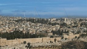 HD panoramic view video of Jerusalem Old City with gold Dome of the Rock Islamic shrine in the middle and other famous buildings