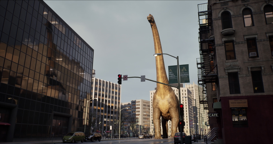 Tyrannosaurus rex walks down a New York street. Dinosaur. High skyscrapers downtown in the big city. USA, North America. 3D rendering Royalty-Free Stock Footage #1091779113