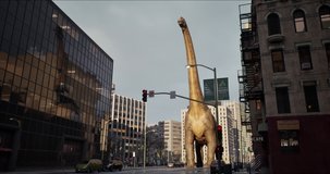 Tyrannosaurus rex walks down a New York street. Dinosaur. High skyscrapers downtown in the big city. USA, North America. 3D rendering