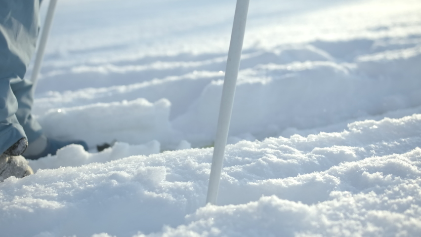 Close-up of skier with stick on winter trail. Creative. Person is preparing for ski trip on fresh snow in winter. Winter sports and skiing | Shutterstock HD Video #1091788641