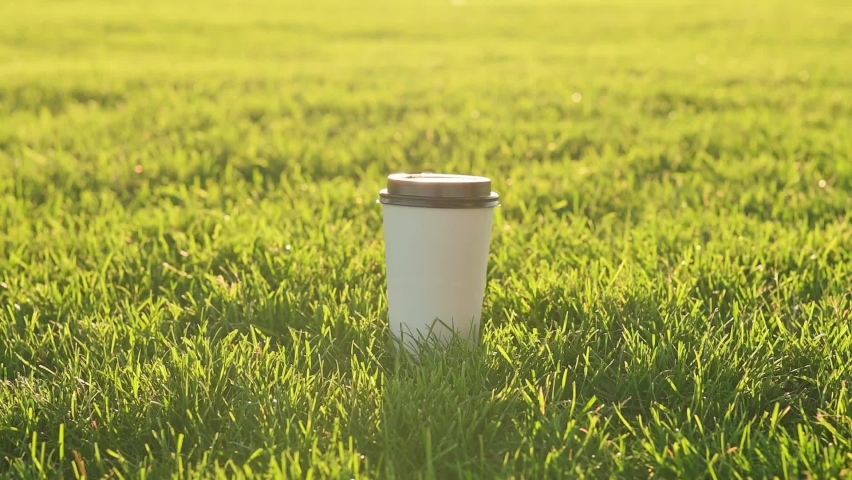 Woman's hand picks up white paper disposable glass of coffee tea with black plastic lid from green lawn in the park. Hot drink to go, takeaway coffee tea. Coffee on green grass on sunny day | Shutterstock HD Video #1091791067