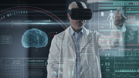 futuristic doctor wearing vr headset using augmented reality graphic interface touchscreen,scientist researcher interacts with artificial intelligence touch screen to study human body - Powered by Shutterstock - Get 15% off with code: PIKWIZARD15