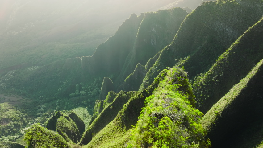 Magical green mountain ridge. Golden sun rays shining on steep green cliffs sunny landscape. Breathtaking Hawaii nature on Kauai garden island. Epic green high sharp peaks with text space background Royalty-Free Stock Footage #1091793305