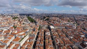 Lisbon Portugal Aerial. Aerial panoramic view of downtown of Lisbon, Portugal. Drone footage of the Lisbon old town skyline.