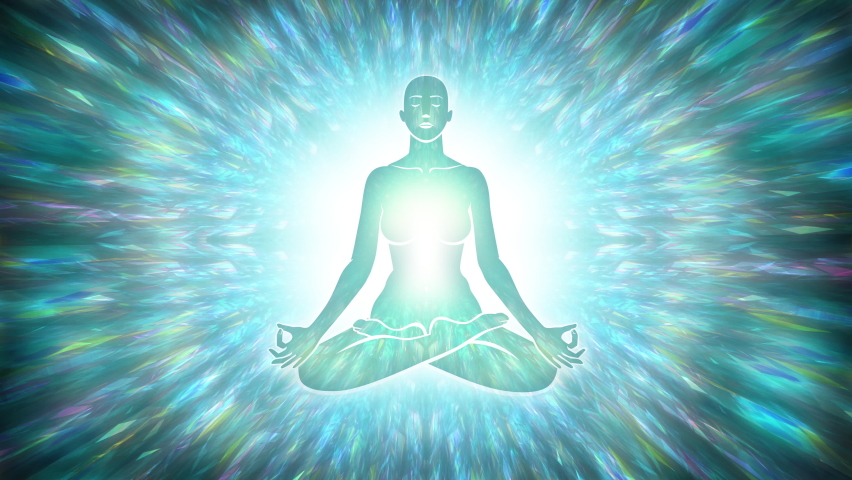 Turquoise Glowing Aura with Silhouette Meditating Human. Spiritual Energy Rays | Shutterstock HD Video #1091807219