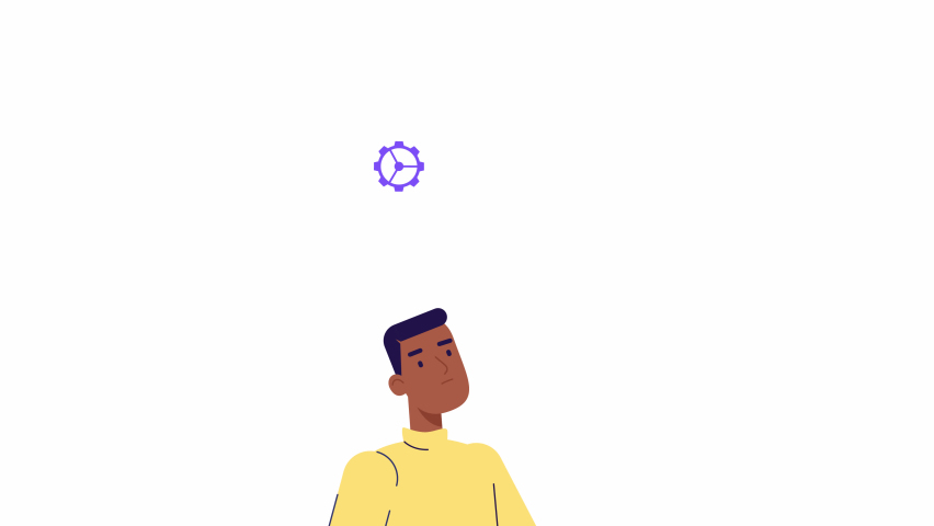 Concept of a great idea. man thinking and looking for answer, hand gesture, index finger up. Solution of the problem. Character animation in moder 2d flat style. light bulb pops up above head, Eureka Royalty-Free Stock Footage #1091811081