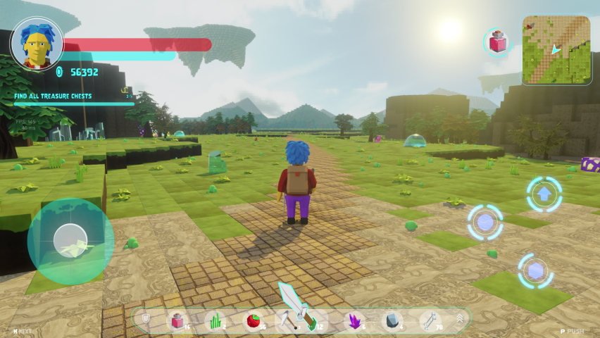 Animated MMO Arcade with Hero Character Running with Pickaxe and Gathering Different Valuable Resources. Looped Video Game Mock Up Concept: 3D Third Person Fantasy Open World Online Gameplay. Royalty-Free Stock Footage #1091812509