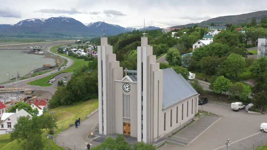 Iceland Lutheran Church of Akureyi with drone video moving out. Royalty-Free Stock Footage #1091814103
