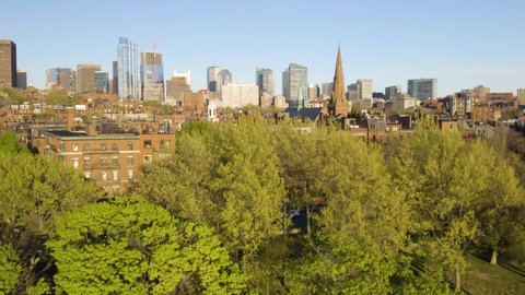 Historic Buildings Revealed in Boston's Back Bay Neighborhood. Skyline in Background