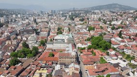 Aerial view on city center and historical part of Sarajevo. Drone view on capital of Bosnia and Herzegovina at summer time.