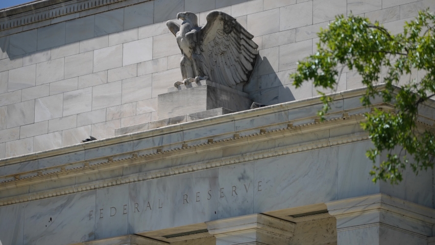 Closeup of the top of the federal reserve government Eccles building in Washington, DC where inflation financial policy is made. Royalty-Free Stock Footage #1091819245