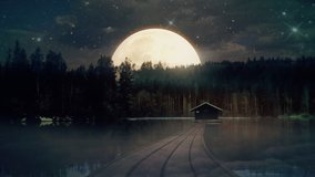 Lake House Full Moon Misty Woods Landscape. Small house on a foggy lake with full moon behind trees in the forrest - Powered by Shutterstock - Get 15% off with code: PIKWIZARD15