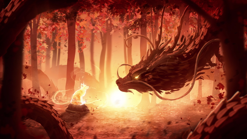 A huge incredibly long forest dragon in oriental style looks curiously at the spirit of a little fox cub sitting in the autumn orange forest in the rays of bright sunset sun. clean looped 2d animation | Shutterstock HD Video #1091821555