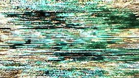 Glitch art. VHS noise texture. Static distortion overlay. Green orange black color fuzzy flicker wave analog artifacts abstract background.