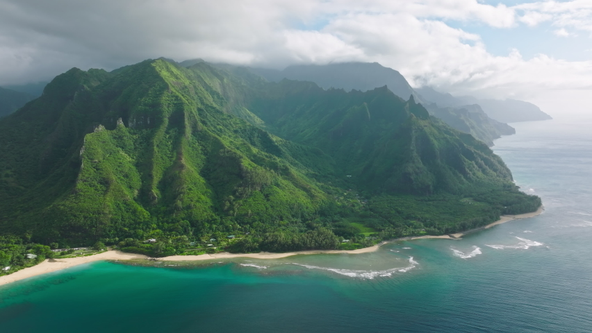 Traveling exotic nature tropical island Kauai, Hawaii USA. Cinematic aerial view of wild nature the world famous Napali coastline.Outdoor adventure travel aerial. Scenic rocky coast nature background Royalty-Free Stock Footage #1091828119