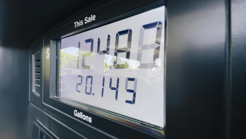 The highest maximum fuel price increase due to inflation in California USA. Static shot of gasoline price counter on display showing gas price on digital display, gas pump meter running at gas station