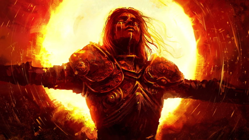 A beautiful young knight weeps Golden tears as he burns in the huge yellow infernal sun, wearing a beautiful chased armor with patterns . clean looped 2d animation Royalty-Free Stock Footage #1091830543