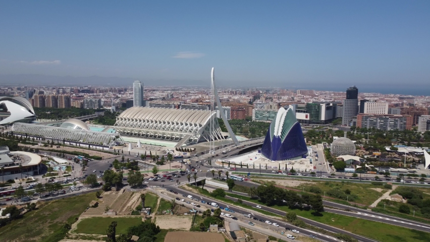 Aerial Pan of the Museum District to the Metropolitan Area in Valencia Spain Royalty-Free Stock Footage #1091837377