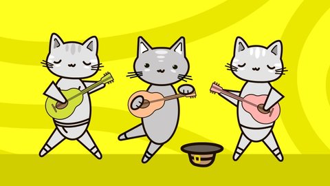 

Funny animals. Three cute cats are playing the guitar. Animation, cartoon.