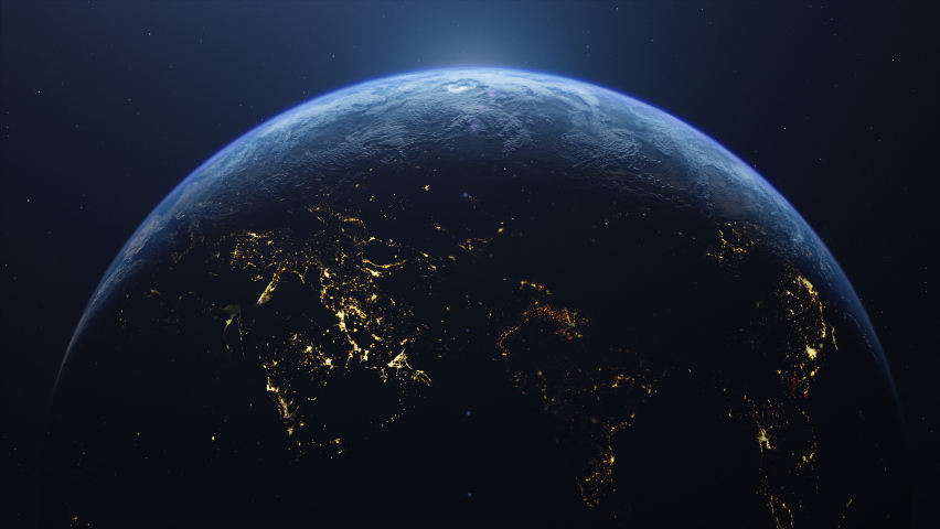 Cinematic Top view of planet earth from space. Sunrise  on the globe. Day to night concept. Change or control climate. High resolution animated background
