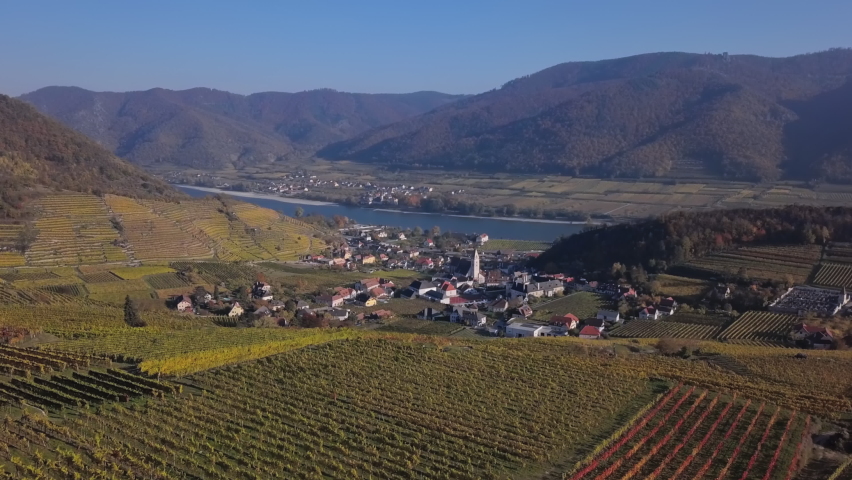 Aerial panorama of Spitz an der Donau town and vineyards. Wachau valley, Austria.