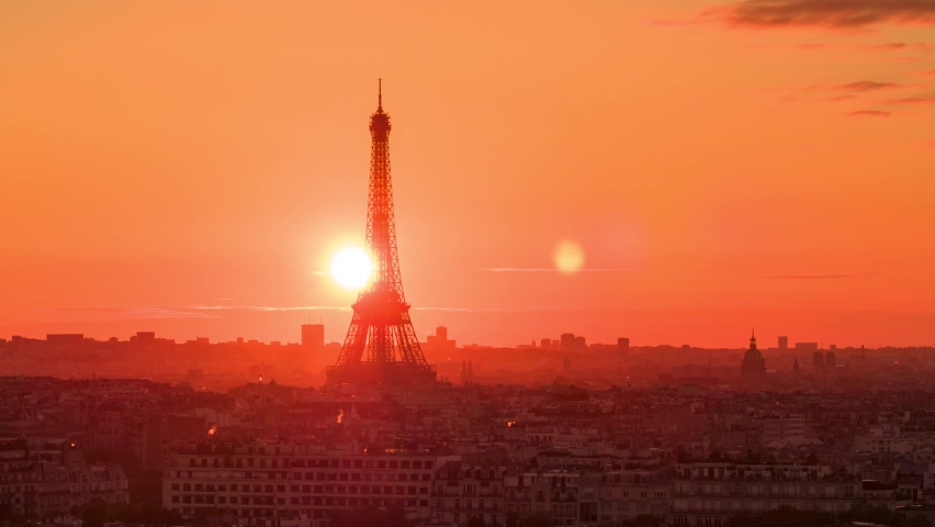 Aerial establishing view of Paris Eiffel Tower Tour Eiffel and panoramic view over Paris city buildings at sunrise  Royalty-Free Stock Footage #1091843265