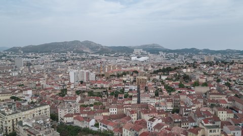 Establishing Aerial View Shot of Marseille Fr, Bouches-du-Rhone, Provence-Alpes-Cote d'Azur, France, overcast