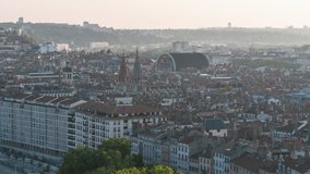 Establishing Aerial View Shot of Lyon Fr, Auvergne-Rhone-Alpes, France, hazy morning in city