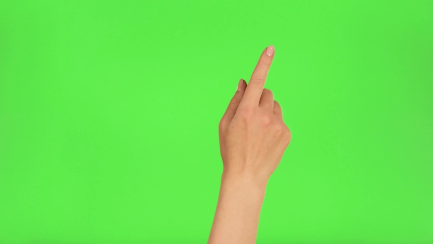 Gestures pack. Female hand swiping left, right, up, down, touching, tapping, sliding, dragging on chroma key green screen background. Using a smartphone, tablet pc or a touchscreen. Interface concept.