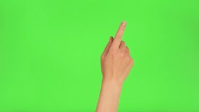 Gestures pack. Female hand swiping left, right, up, down, touching, tapping, sliding, dragging on chroma key green screen background. Using a smartphone, tablet pc or a touchscreen. Interface concept.