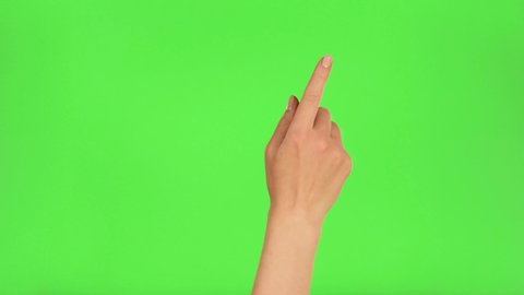 Gestures pack. Female hand swiping left, right, up, down, touching, tapping, sliding, dragging on chroma key green screen background. Using a smartphone, tablet pc or a touchscreen. Interface concept.: film stockowy