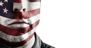 Animation of national night out day text over caucasian man with face painted in flag of usa. National night out and celebration concept digitally generated video.