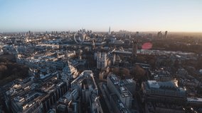 British Parliament, Westminster Palace, Big Ben, slow low straight approach, Westminster Abbey, Establishing Aerial View Shot of London UK, United Kingdom, day