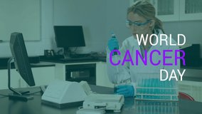 Animation of world cancer day over caucasian female lab worker with samples. Science, health, medicine and technology concept digitally generated video. - Powered by Shutterstock - Get 15% off with code: PIKWIZARD15