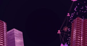 Animation of network of connections over city buildings and black background. Network, connections, finance and city life concept digitally generated video.