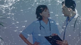 Animation of network of connections and data processing over diverse doctors in hospital. Global medicine, connections and digital interface concept digitally generated video.