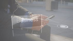 Animation of data processing over caucasian businessman using smartphone. Global business and digital interface concept digitally generated video.