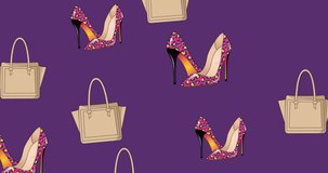 Animation of handbag and shoes icons over purple background. Fashion, style and digital interface concept digitally generated video.