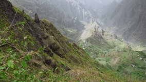 Stunning panorama of mountain ridge. Verdant Xo-Xo valley on Santo Antao Island Cape Verde. 4k video