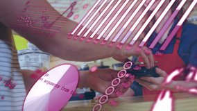 Animation of graphs over biracial customer and caucasian female seller using payment terminal. Trade, finance, wireless payments and technology concept digitlaly generated video. - Powered by Shutterstock - Get 15% off with code: PIKWIZARD15