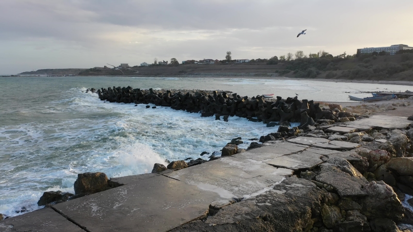 Shore line, beach and waves at The Black Sea in Romania 2022