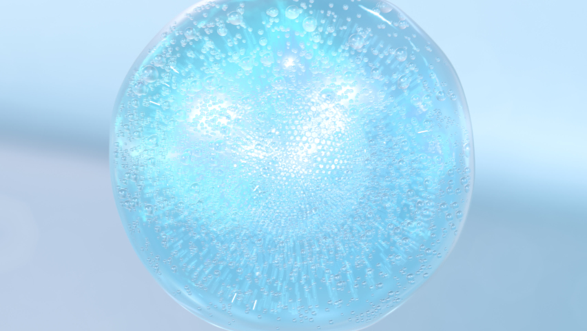 3D render animation with liquid, transparent bubbles flying away. Macro shot of various bubbles in water rising on the light background. Super slow motion Beauty glossy Moisturizing bubble blobs 